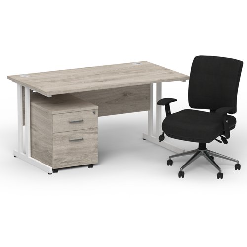 Impulse 1400 x 800 White Cant Office Desk Grey Oak + 2 Dr Mobile Ped & Chiro Med Back Black W/Arms