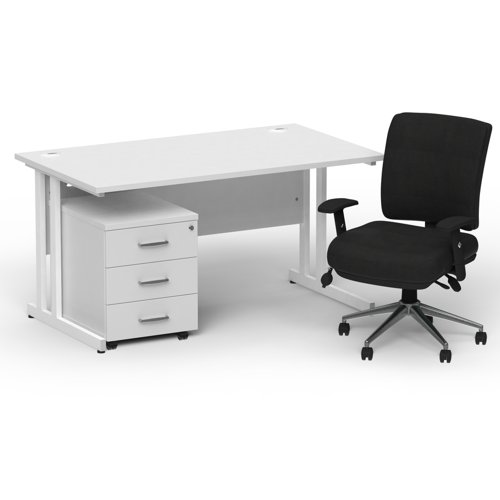 Impulse 1400 x 800 White Cant Office Desk White + 3 Dr Mobile Ped & Chiro Med Back Black W/Arms