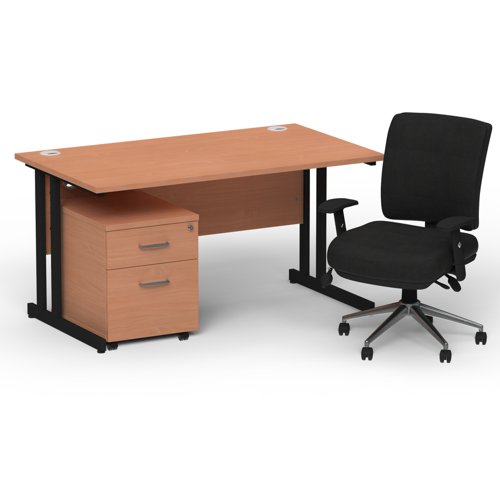 Impulse 1400 x 800 Black Cant Office Desk Beech + 2 Dr Mobile Ped & Chiro Med Back Black W/Arms