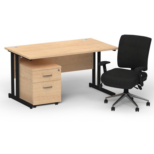 Impulse 1400 x 800 Black Cant Office Desk Maple + 2 Dr Mobile Ped & Chiro Med Back Black W/Arms