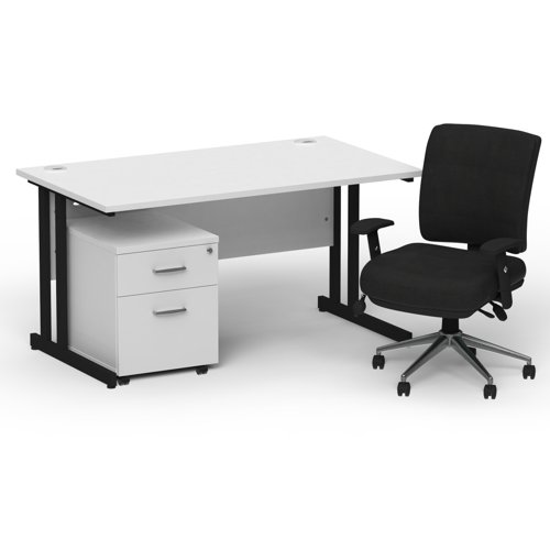 Impulse 1400 x 800 Black Cant Office Desk White + 2 Dr Mobile Ped & Chiro Med Back Black W/Arms
