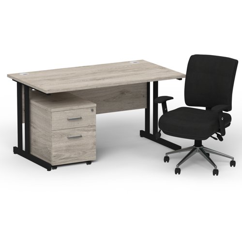 Impulse 1400 x 800 Black Cant Office Desk Grey Oak + 2 Dr Mobile Ped & Chiro Med Back Black W/Arms