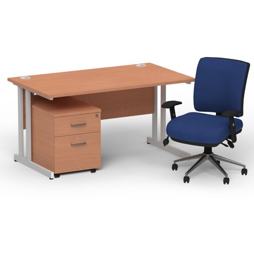 Impulse 1400 x 800 Silver Cant Office Desk Beech + 2 Dr Mobile Ped & Chiro Med Back Blue W/Arms