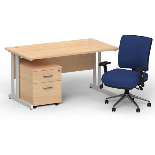 Impulse 1400 x 800 Silver Cant Office Desk Maple + 2 Dr Mobile Ped & Chiro Med Back Blue W/Arms