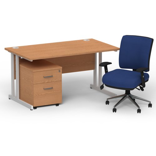 Impulse 1400 x 800 Silver Cant Office Desk Oak + 2 Dr Mobile Ped & Chiro Med Back Blue W/Arms