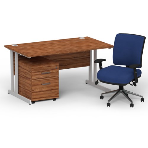 Impulse 1400 x 800 Silver Cant Office Desk Walnut + 2 Dr Mobile Ped & Chiro Med Back Blue W/Arms