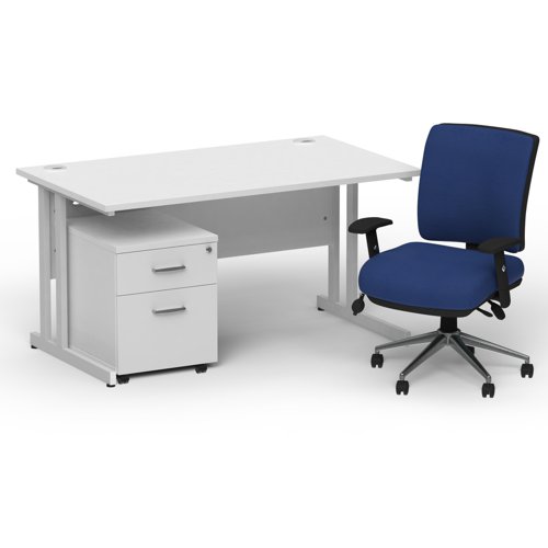 Impulse 1400 x 800 Silver Cant Office Desk White + 2 Dr Mobile Ped & Chiro Med Back Blue W/Arms