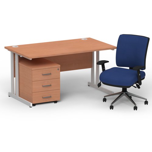 BUND1115 Impulse 1400mm Straight Office Desk Beech Top Silver Cantilever Leg with 3 Drawer Mobile Pedestal and Chiro Medium Back Blue