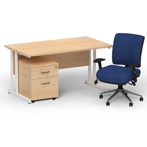 Impulse 1400 x 800 White Cant Office Desk Maple + 2 Dr Mobile Ped & Chiro Med Back Blue W/Arms