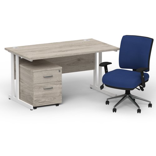 Impulse 1400mm Straight Office Desk Grey Oak Top White Cantilever Leg with 2 Drawer Mobile Pedestal and Chiro Medium Back Blue