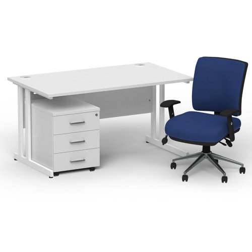 Impulse 1400mm Straight Office Desk White Top White Cantilever Leg with 3 Drawer Mobile Pedestal and Chiro Medium Back Blue