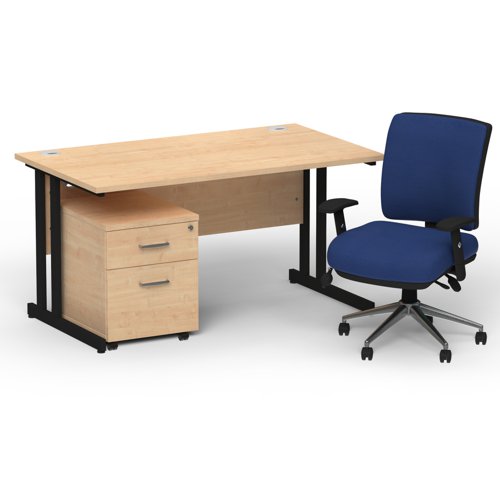 Impulse 1400 x 800 Black Cant Office Desk Maple + 2 Dr Mobile Ped & Chiro Med Back Blue W/Arms
