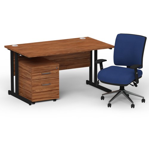 Impulse 1400mm Straight Office Desk Walnut Top Black Cantilever Leg with 2 Drawer Mobile Pedestal and Chiro Medium Back Blue
