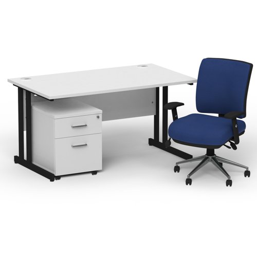 BUND1137 Impulse 1400mm Straight Office Desk White Top Black Cantilever Leg with 2 Drawer Mobile Pedestal and Chiro Medium Back Blue