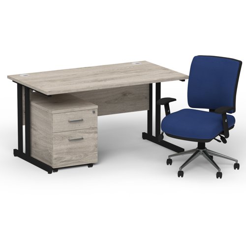 Impulse 1400mm Straight Office Desk Grey Oak Top Black Cantilever Leg with 2 Drawer Mobile Pedestal and Chiro Medium Back Blue