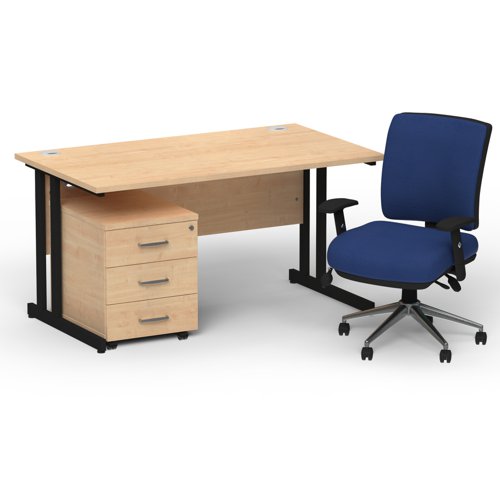 Impulse 1400 x 800 Black Cant Office Desk Maple + 3 Dr Mobile Ped & Chiro Med Back Blue W/Arms