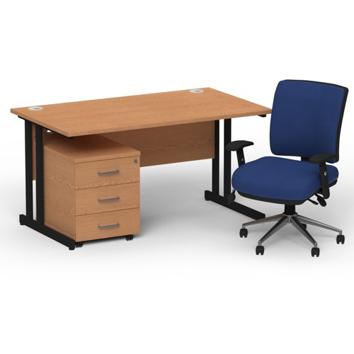 Impulse 1400mm Straight Office Desk Oak Top Black Cantilever Leg with 3 Drawer Mobile Pedestal and Chiro Medium Back Blue