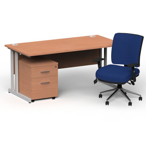 Impulse 1600mm Straight Office Desk Beech Top Silver Cantilever Leg with 2 Drawer Mobile Pedestal and Chiro Medium Back Blue