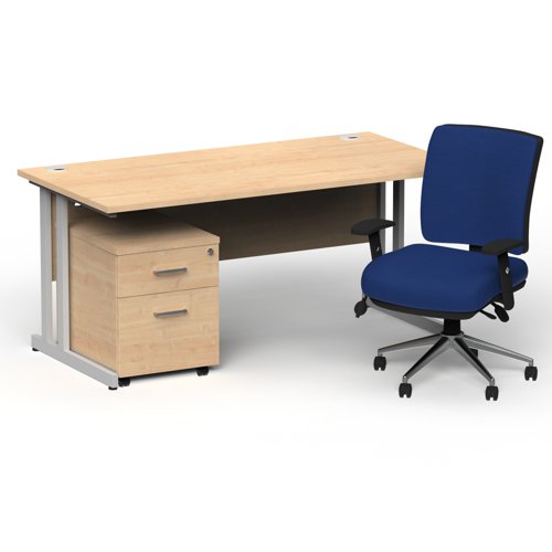 BUND1182 Impulse 1600mm Straight Office Desk Maple Top Silver Cantilever Leg with 2 Drawer Mobile Pedestal and Chiro Medium Back Blue