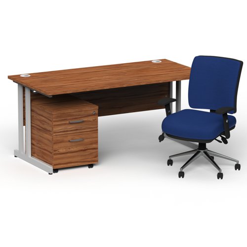 Impulse 1600mm Straight Office Desk Walnut Top Silver Cantilever Leg with 2 Drawer Mobile Pedestal and Chiro Medium Back Blue