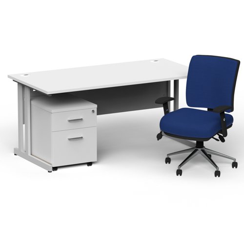 BUND1185 Impulse 1600mm Straight Office Desk White Top Silver Cantilever Leg with 2 Drawer Mobile Pedestal and Chiro Medium Back Blue