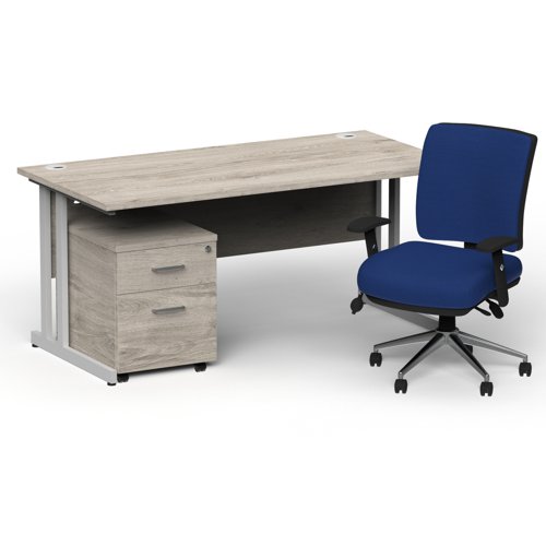 Impulse 1600mm Straight Office Desk Grey Oak Top Silver Cantilever Leg with 2 Drawer Mobile Pedestal and Chiro Medium Back Blue