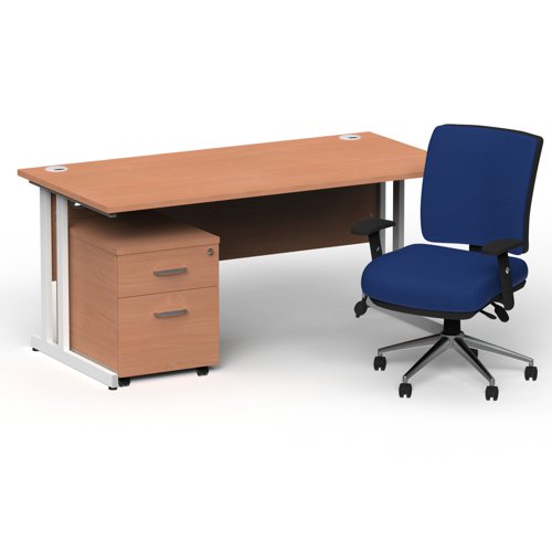 Impulse 1600mm Straight Office Desk Beech Top White Cantilever Leg with 2 Drawer Mobile Pedestal and Chiro Medium Back Blue