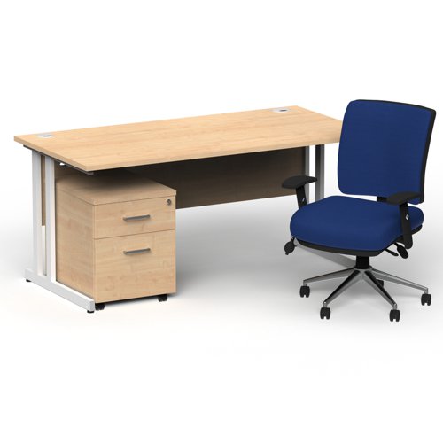 BUND1194 Impulse 1600mm Straight Office Desk Maple Top White Cantilever Leg with 2 Drawer Mobile Pedestal and Chiro Medium Back Blue