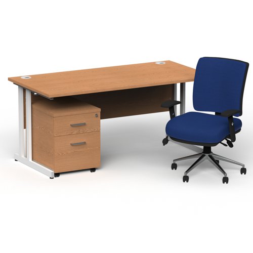 Impulse 1600mm Straight Office Desk Oak Top White Cantilever Leg with 2 Drawer Mobile Pedestal and Chiro Medium Back Blue
