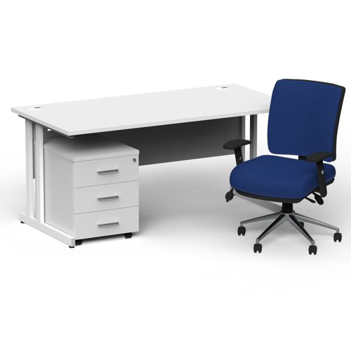 Impulse 1600mm Straight Office Desk White Top White Cantilever Leg with 3 Drawer Mobile Pedestal and Chiro Medium Back Blue