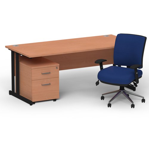 Impulse 1600mm Straight Office Desk Beech Top Black Cantilever Leg with 2 Drawer Mobile Pedestal and Chiro Medium Back Blue