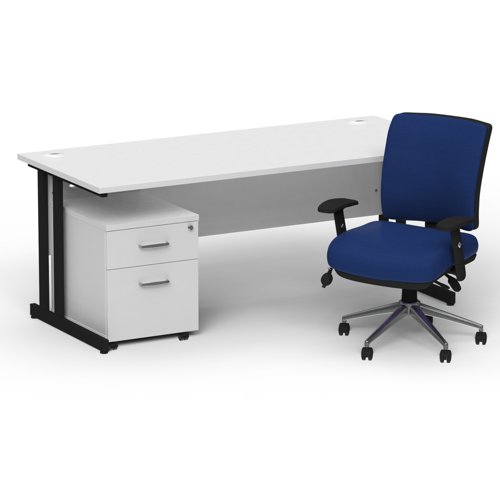 Impulse 1600mm Straight Office Desk White Top Black Cantilever Leg with 2 Drawer Mobile Pedestal and Chiro Medium Back Blue