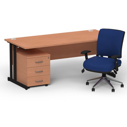 Impulse 1600mm Straight Office Desk Beech Top Black Cantilever Leg with 3 Drawer Mobile Pedestal and Chiro Medium Back Blue