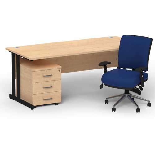 Impulse 1600mm Straight Office Desk Maple Top Black Cantilever Leg with 3 Drawer Mobile Pedestal and Chiro Medium Back Blue
