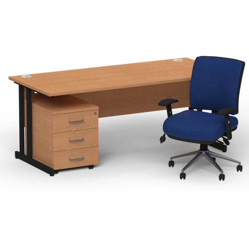 Impulse 1600mm Straight Office Desk Oak Top Black Cantilever Leg with 3 Drawer Mobile Pedestal and Chiro Medium Back Blue