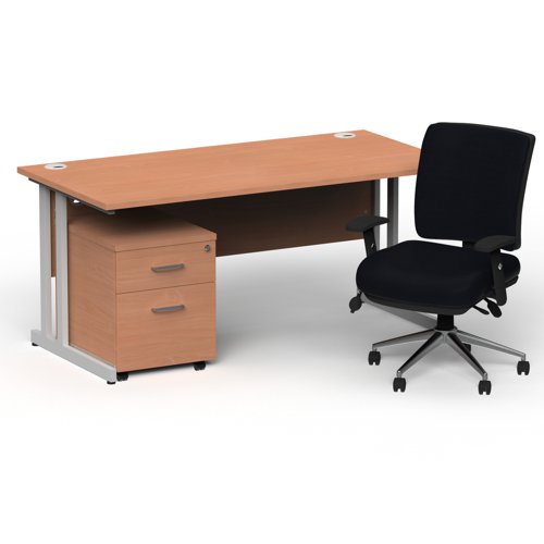 BUND1217 Impulse 1800mm Straight Office Desk Beech Top Silver Cantilever Leg with 2 Drawer Mobile Pedestal and Chiro Medium Back Black