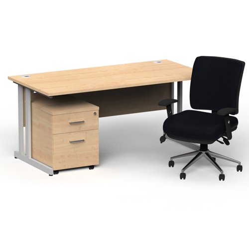 Impulse 1800 x 800 Silver Cant Office Desk Maple + 2 Dr Mobile Ped & Chiro Med Back Black W/Arms