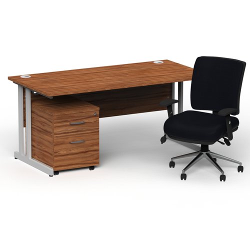 Impulse 1800 x 800 Silver Cant Office Desk Walnut + 2 Dr Mobile Ped & Chiro Med Back Black W/Arms