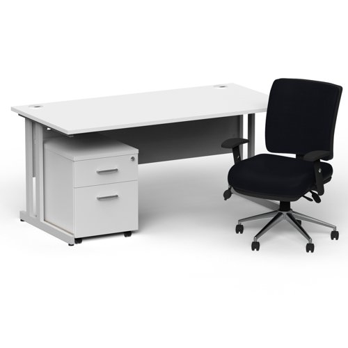BUND1221 Impulse 1800mm Straight Office Desk White Top Silver Cantilever Leg with 2 Drawer Mobile Pedestal and Chiro Medium Back Black