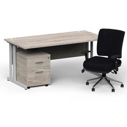 Impulse 1800mm Straight Office Desk Grey Oak Top Silver Cantilever Leg with 2 Drawer Mobile Pedestal and Chiro Medium Back Black