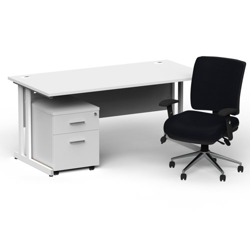 BUND1233 Impulse 1800mm Straight Office Desk White Top White Cantilever Leg with 2 Drawer Mobile Pedestal and Chiro Medium Back Black