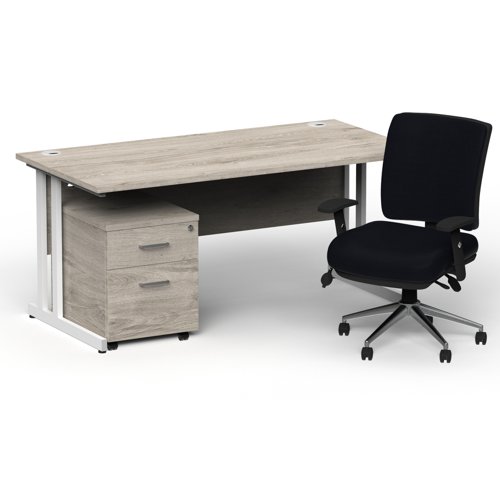 Impulse 1800 x 800 White Cant Office Desk Grey Oak + 2 Dr Mobile Ped & Chiro Med Back Black W/Arms