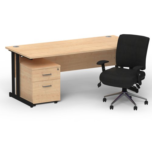 BUND1242 Impulse 1800mm Straight Office Desk Maple Top Black Cantilever Leg with 2 Drawer Mobile Pedestal and Chiro Medium Back Black