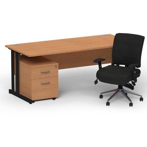 BUND1243 Impulse 1800mm Straight Office Desk Oak Top Black Cantilever Leg with 2 Drawer Mobile Pedestal and Chiro Medium Back Black