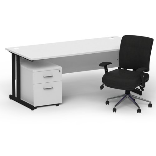 Impulse 1800mm Straight Office Desk White Top Black Cantilever Leg with 2 Drawer Mobile Pedestal and Chiro Medium Back Black