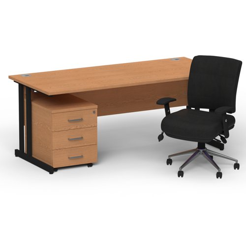 BUND1249 Impulse 1800mm Straight Office Desk Oak Top Black Cantilever Leg with 3 Drawer Mobile Pedestal and Chiro Medium Back Black