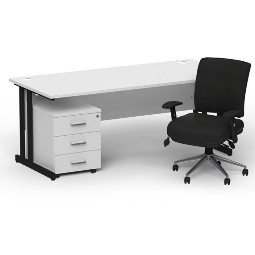 BUND1251 Impulse 1800mm Straight Office Desk White Top Black Cantilever Leg with 3 Drawer Mobile Pedestal and Chiro Medium Back Black
