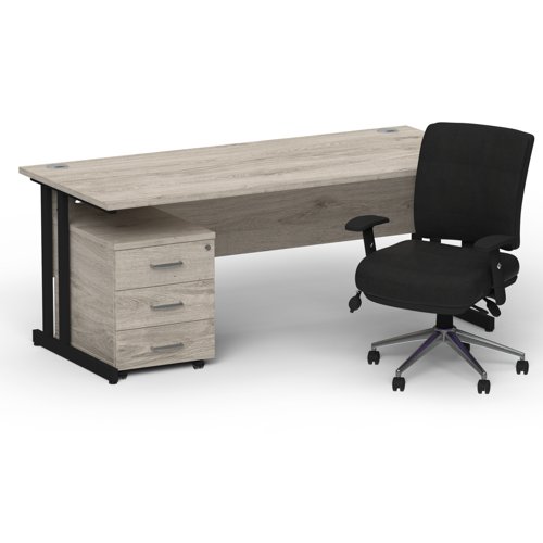 Impulse 1800 x 800 Black Cant Office Desk Grey Oak + 3 Dr Mobile Ped & Chiro Med Back Black W/Arms