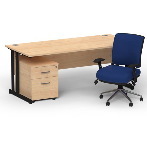 Impulse 1800mm Straight Office Desk Maple Top Black Cantilever Leg with 2 Drawer Mobile Pedestal and Chiro Medium Back Blue
