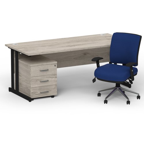 Impulse 1800mm Straight Office Desk Grey Oak Top Black Cantilever Leg with 3 Drawer Mobile Pedestal and Chiro Medium Back Blue